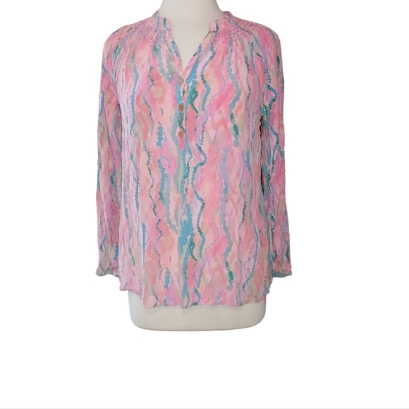 Lilly Pulitzer Tops - lilly pulitzer Blouse M Shirt Long Sleeve Partial Button Mock Collar 100…